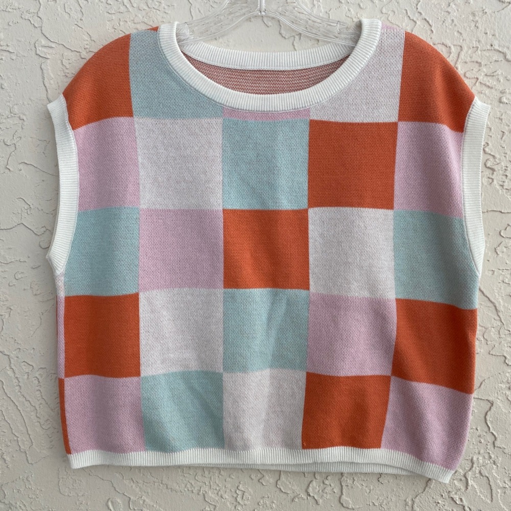 Unbranded Y2K Checkerboard Knit Sweater Vest Women M Multicolor Pastel Retro‎